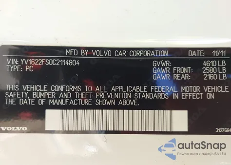2012 Volvo S60 T5 z USA, uszkodzony, nr VIN YV1622FS0C2114804